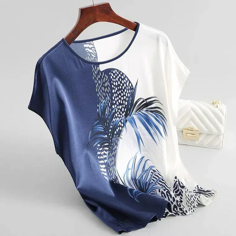 Casual Short sleeve Women Silk Satin Blouses Fashion Batwing sleeve Vintage Print Floral Blouse Ladies Tops