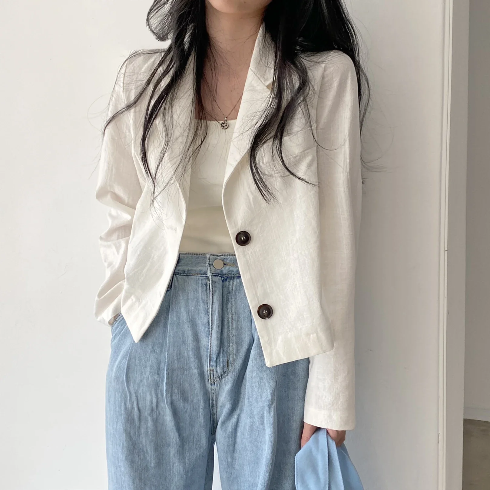 Cotton Linen Blazer Chic  High Street Women Cute Elegant Office Lady Button  Short Coats Jackets Blazers