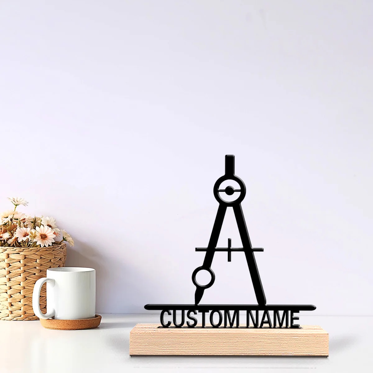 1pc Creative compass Customizable Letter Metal Statue Handicraft With Wood Base Metal Sculpture With Wood Base For Kids Gifts