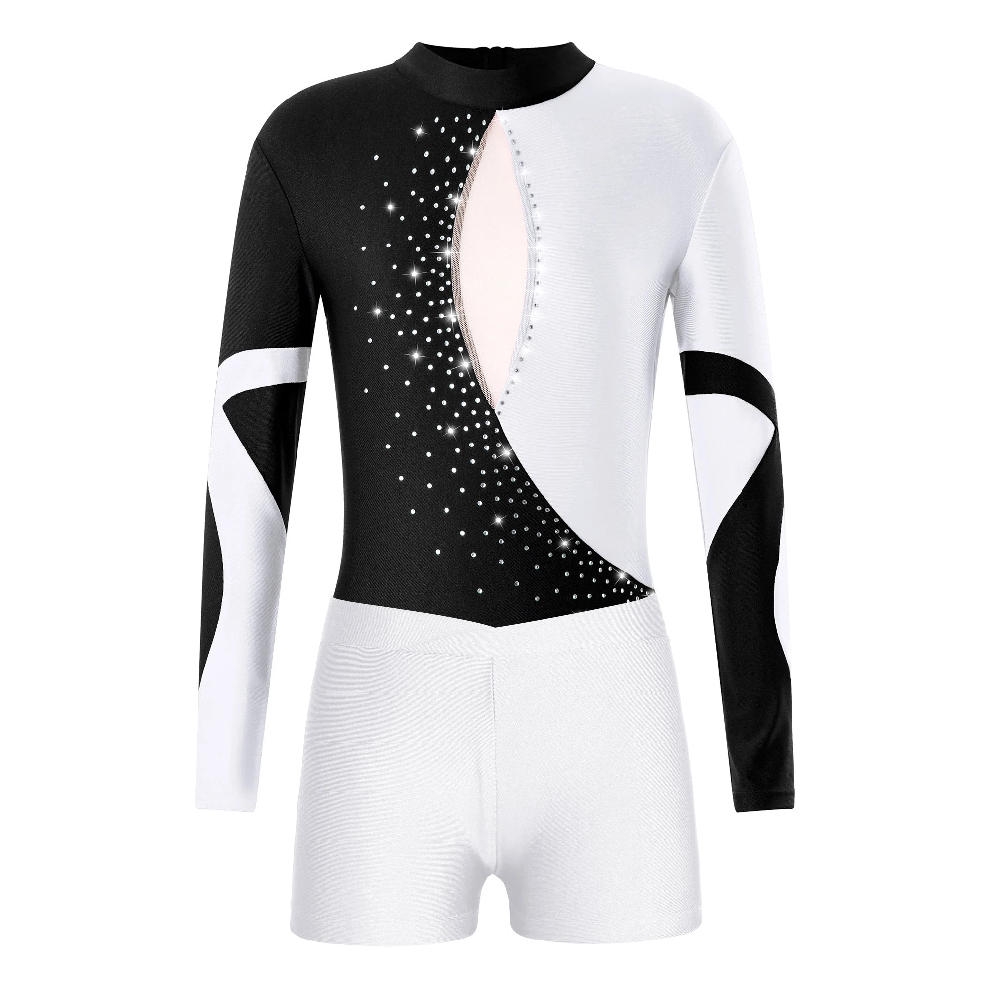 

Kids Girls Long Sleeve Stylish Two-piece Dance Set Shiny Rhinestones Adorned Patchwork Open Back Leotard with Shorts for Gym