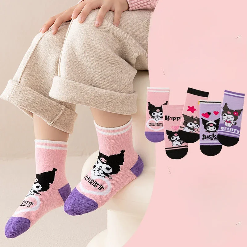 Cartoon Kuromi Thick Cold Prevention Warm Kids Socks Winter Cold-proof Girl and Children Mid Tube Sock Warm Clothing Accessories