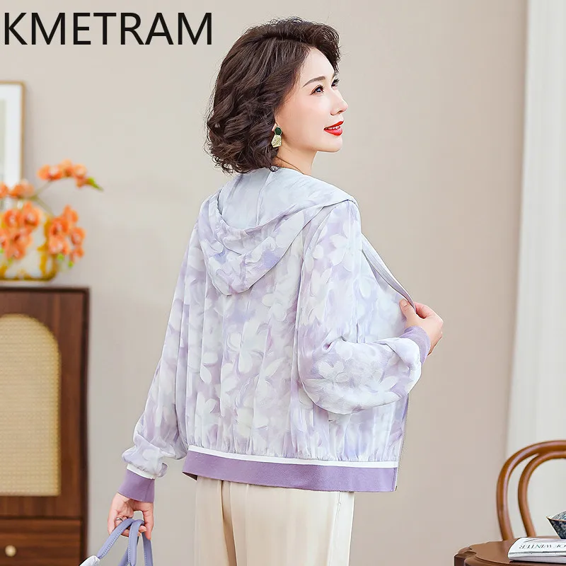 KMETRAM 100% Mulberry Silk Tops for Women 2026 Spring New Style Sun Protection Hooded Zipper Short Coat Woman Clothes Ropa Mujer