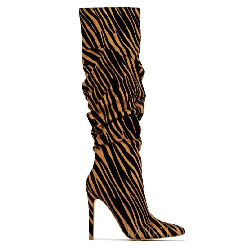 Ruched Tiger Stiletto Knee Boots Leopard Print Pointed Toe High Heels Women\'s Boots Lady Catwalk Shoes