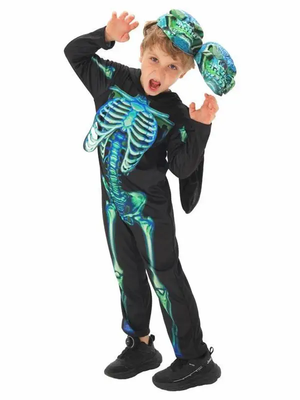 Disfraz de Halloween, traje de Cosplay de esqueleto de doble cabeza, disfraz de actuación en escenario de Terror para niños, disfraz de actuación de fantasma de broma