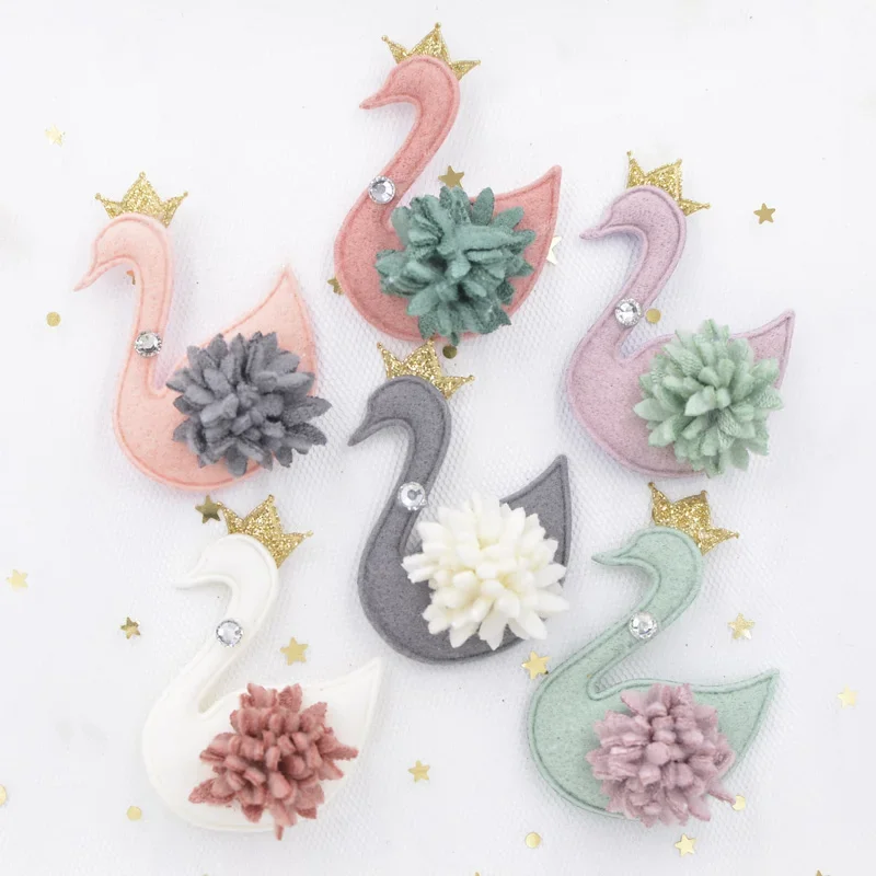 4/6Pcs 6CM Plush Fabric Pads Appliques Crown Rhinestone Flower Kawaii Swan Patches for Clothes Sewing DIY Hair Bow Ornament