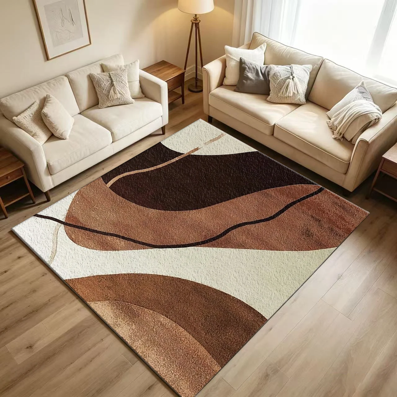 Brown Beige Curved Abstract Pattern Carpet Non-Slip Washable Neutral Simple Living Room Floor Mat