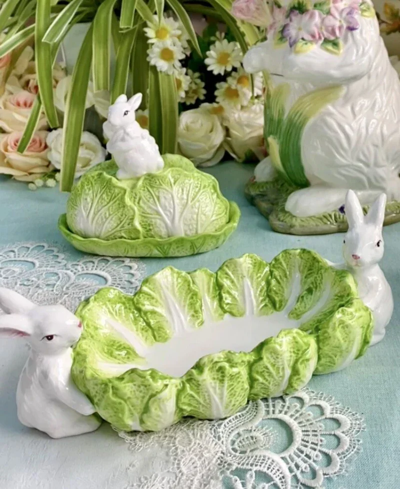 European Ceramic Chinese Cabbage rabbit fruit plate Dried fruit snack plate butter cream box fruit fork jar table decoration