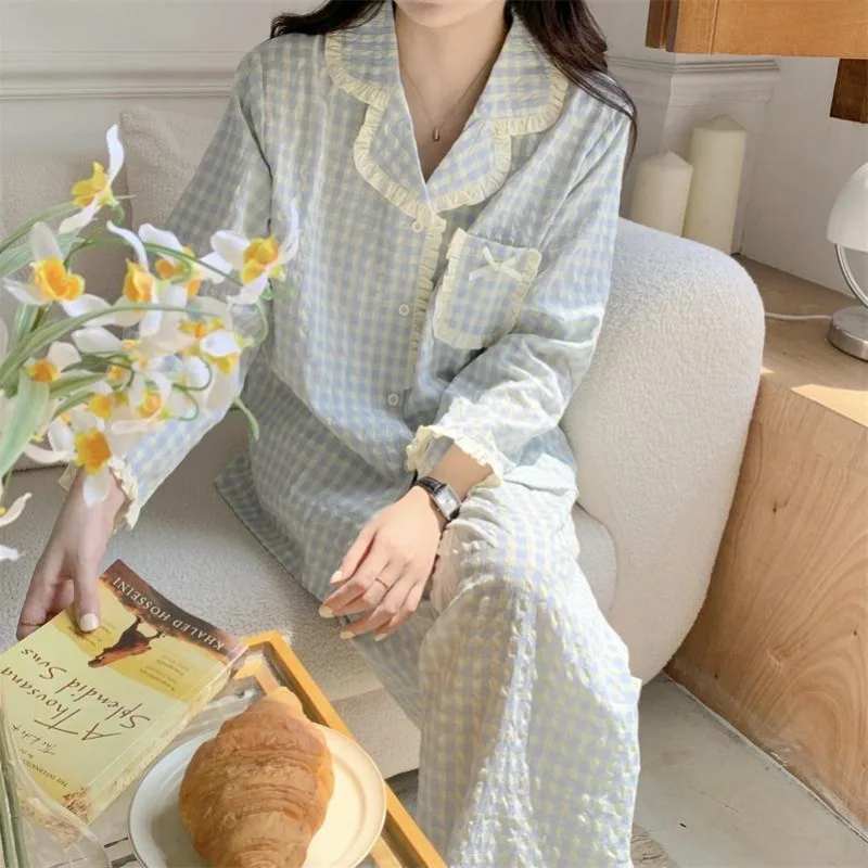 Plaid Sleepwear Women Pajama Sets Autumn Piiama Ruffles Pants Sets for Women 2 Pieces Button Korean Night Wears Pocket Home Suit