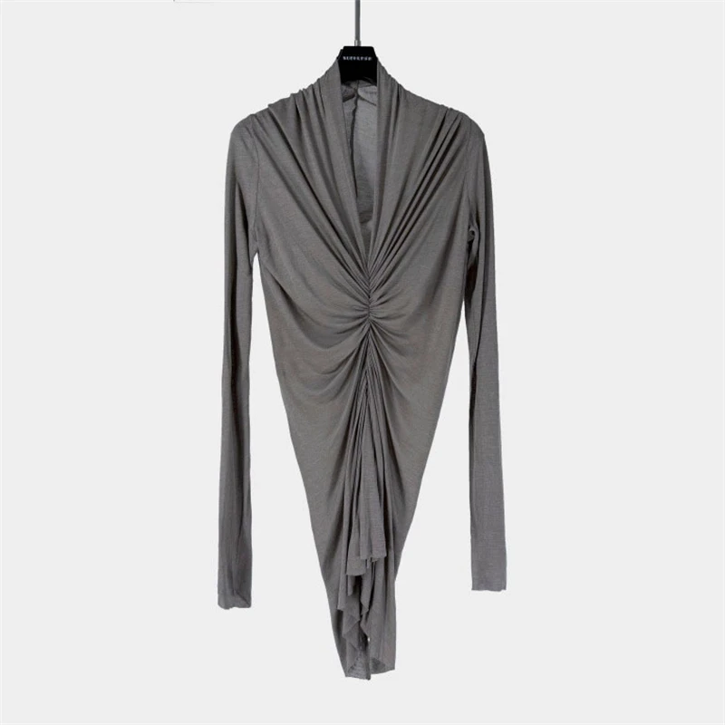 High-qualitySummerNew women's V-neck pleated long-sleeved T-shirtFashionable irregularHot girl waist-cinching draped pleated top
