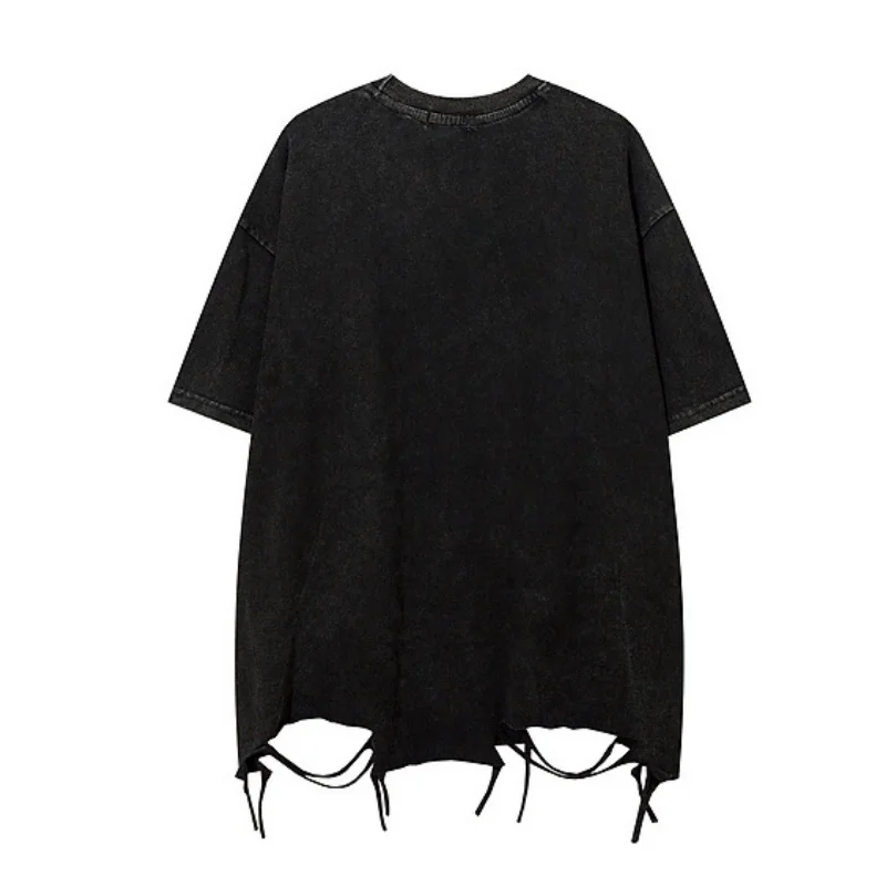 Men Vintage Washed Oversized T Shirt Detachable Cross Chain Distressed Cut Out Hem Tees Gothic Streetwear Loose Short Sleeve Top