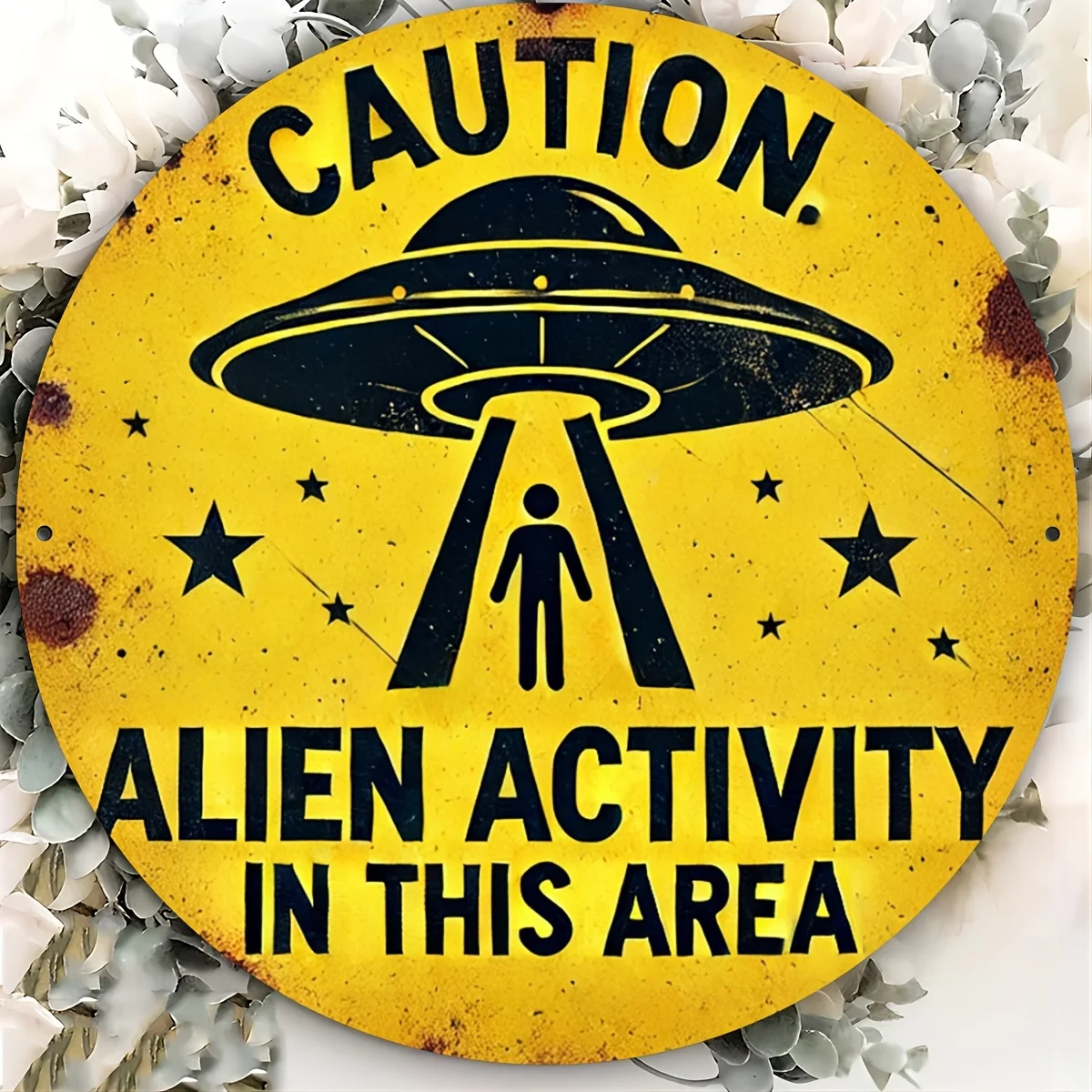 Alien Activity Warning Round  Metal Sign  -  For Cafe, Bar Decor - Ideal for Christmas, Thanksgiving, Halloween Gift