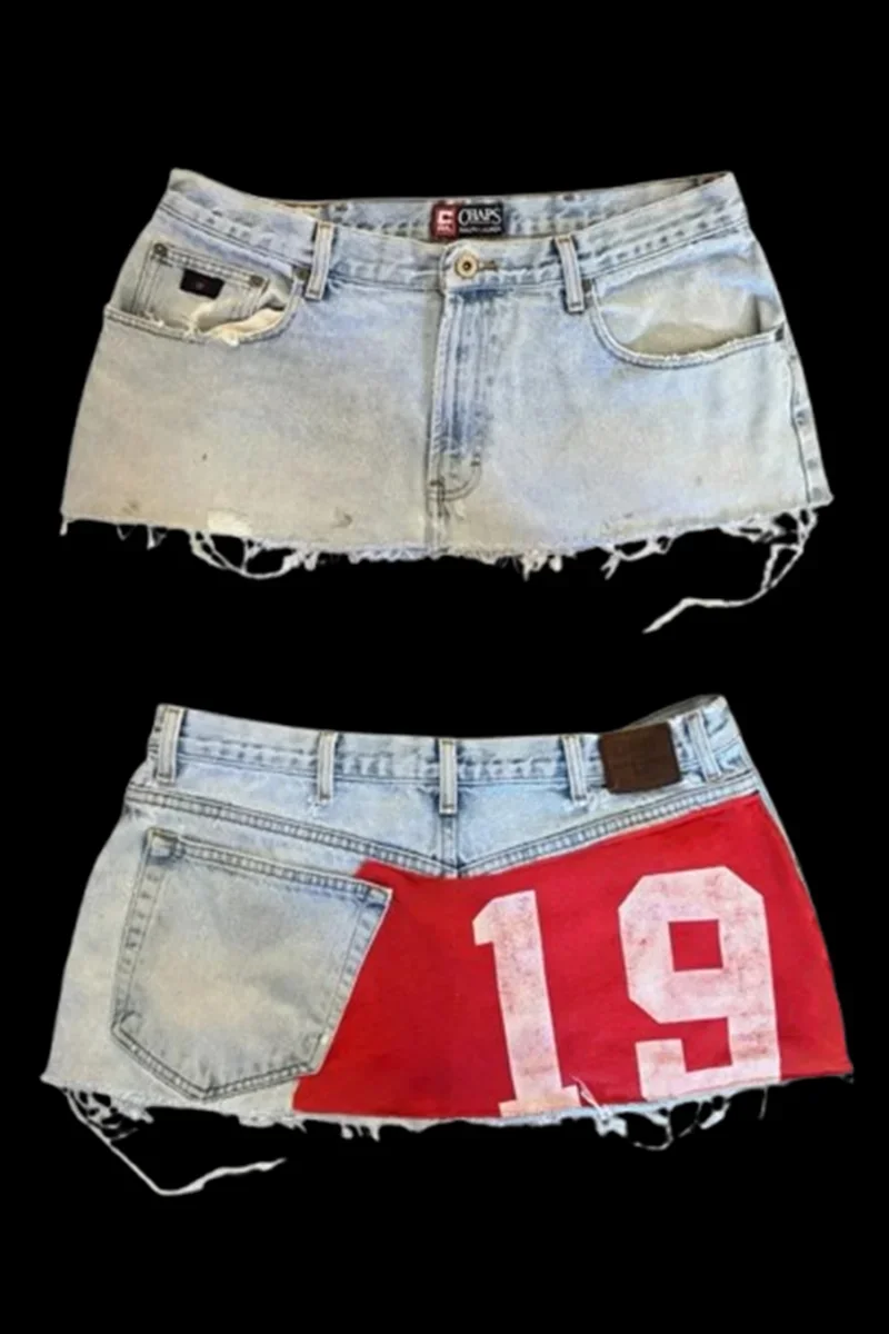 Sexy High Waist Gothic Denim Mini Skirt Women Printed Patchwork Short Loose Casual Retro High Street Hip Hop New