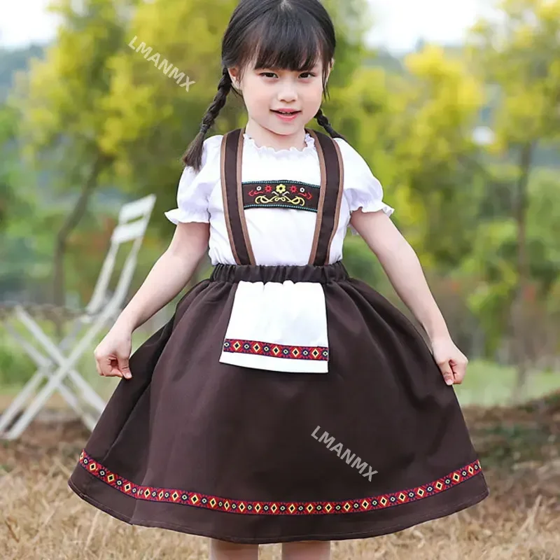 Child Traditional Oktoberfest Dirndl Dress German Bavarian Beer Wench Costume Kids Girl Maid Costume Stage Show Party Dress