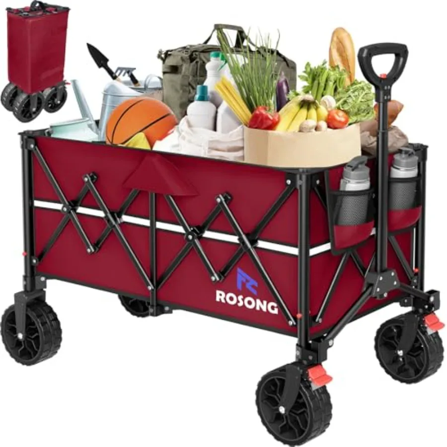 

Foldable Heavy Duty Collapsible Wagon Cart with Wheels for Grocery Sports Garden Shopping Camping Burgundy 150L