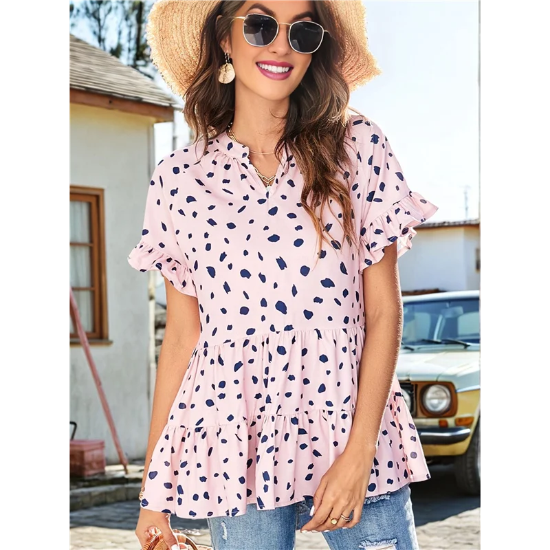 

【Party-Decoration】Women's Casual V Neck Random Print Smocked Short Sleeve Chiffon Blouses Bohemian Top Shirts