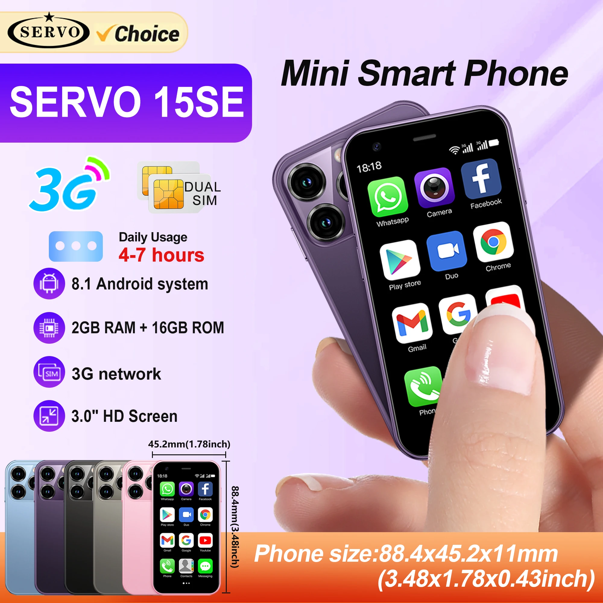 SERVO Mini Smartphone 3G WCDMA Cellular Android System 2GB +16GB Play Store 3