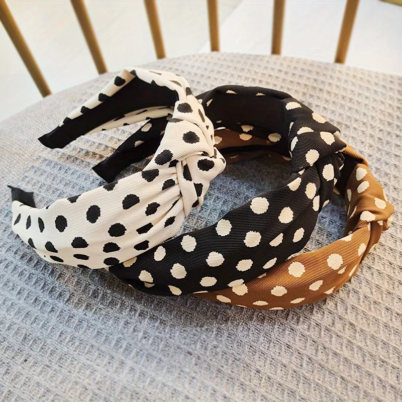 

Simple polka dot denim fabric colour-blocked patchwork cross-stitched wide-brimmed hairband
