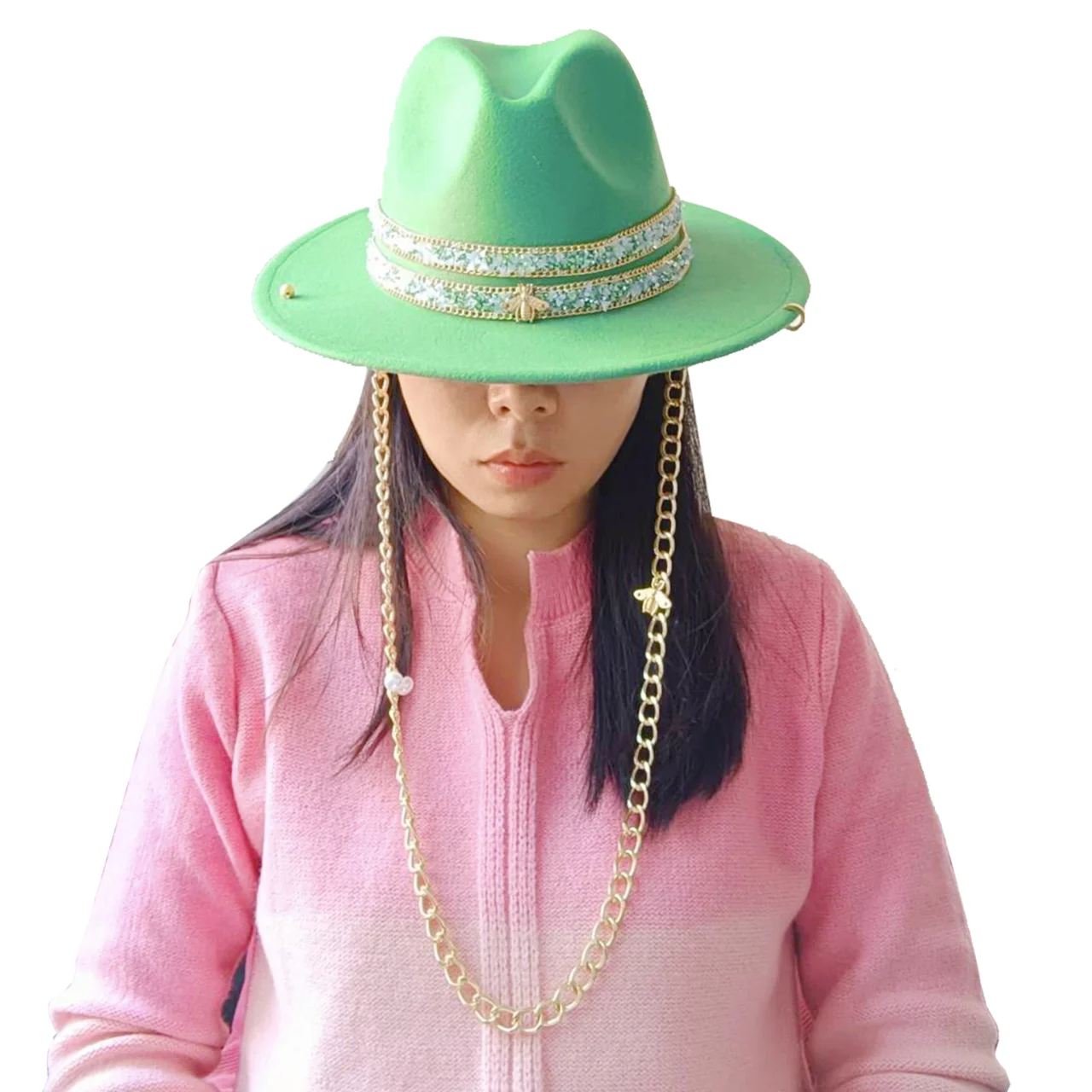 Fedora Hats Punk Pearl Chain DIY Green Hats Support Various Hats Customized Punk Hats for Men and Women Gorras para hombres