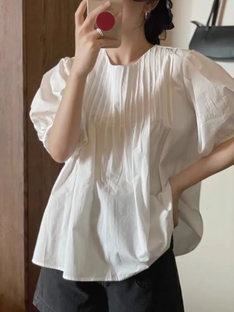 الأبيض جولة Ne مطوي فقاعة ort Sve irt المرأة الصيف رقيقة دمية irt فضفاض التخسيس رداء علوي غير رسمي تخفيف Sle