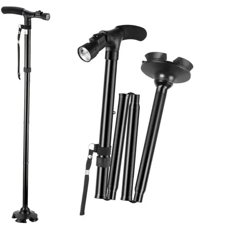 Aluminum Alloy Crutches with Lamp Folding Hiking Stick Double Handle Walking Sticker with Flashlight Retractable Baton