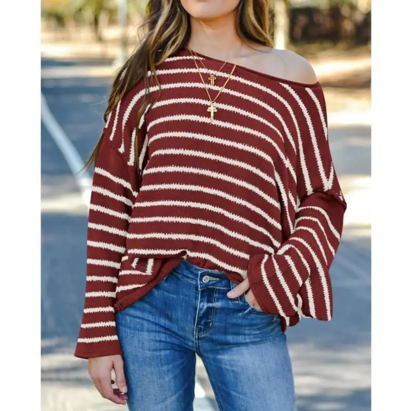 

Women's Striped Knitted Sweater Autumn Winter Long Coolmax Fiber Ciwalk Collar Nine Points Sve Deformation Resistant