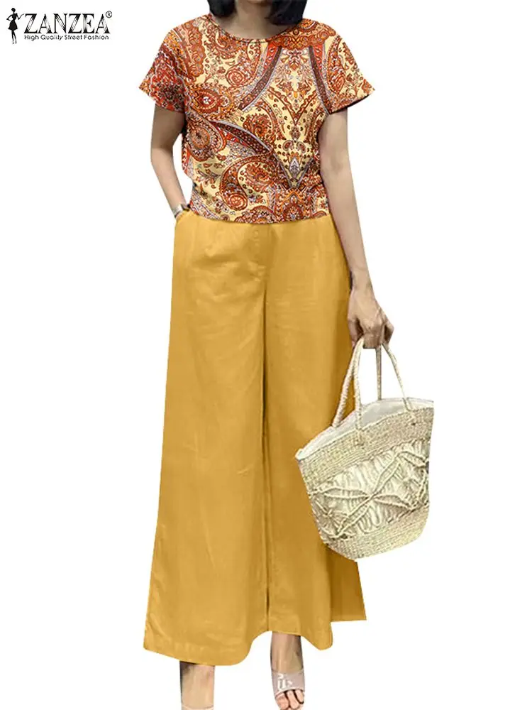 ZANZEA Summer Women tailleur pantalone Casual Bohemian Paisley Print camicetta a maniche corte Top e pantalone 2 pezzi abiti set di pantaloni per le vacanze