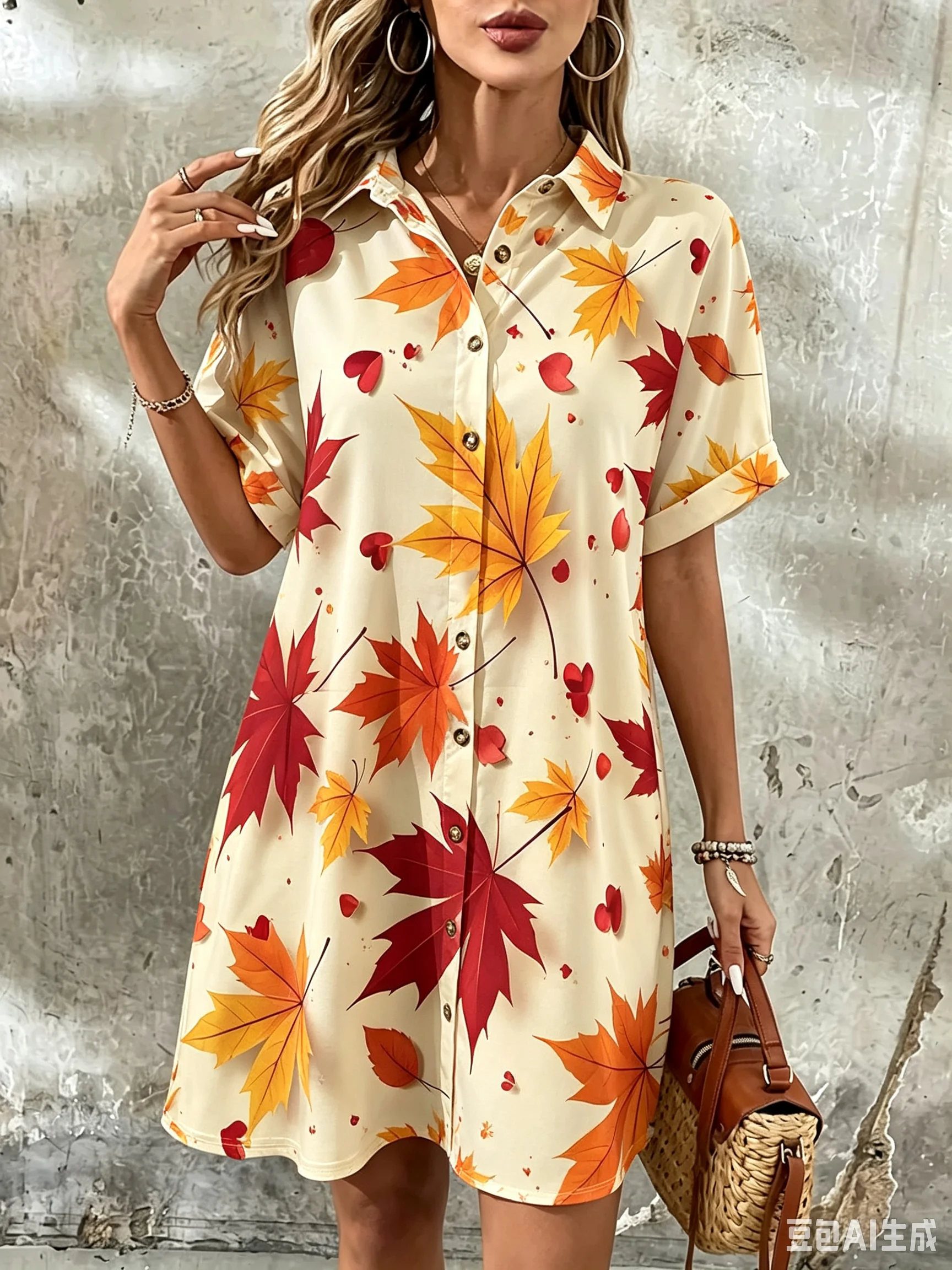 Fashion Maple Leaf Pattern Women Canada Style Shirt Dresses Summer Short Sleeve 3d Printed Turn-Down Collar Trend Blouse Dress