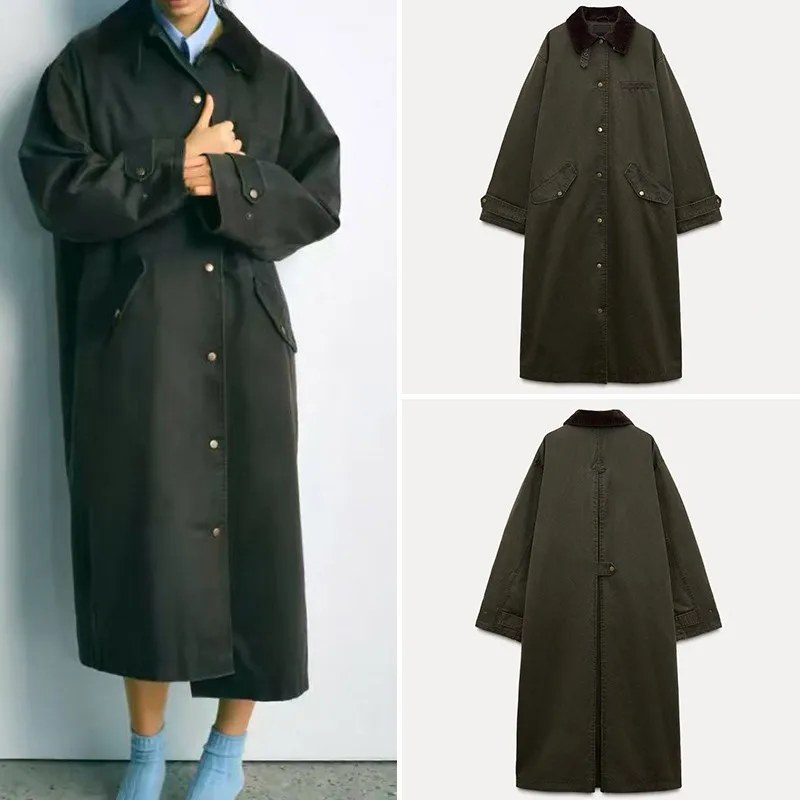 

Spring 2025 Women's Long Coat Collar Corduroy Lapel Windbreaker Z Polyester Fiber New Sle 434882 Spring Faion Ladies
