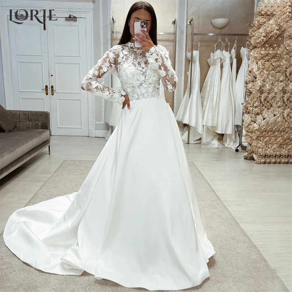 

LORIE Vintage Lace Wedding Dresses A-Line Satin Appliques High Neck Long Sleeves Bridal Gowns Princess Solid Bride Dress 2024