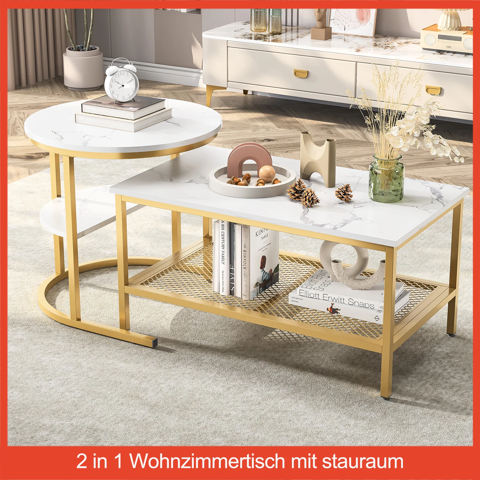 Coffee Table 2pcs Set,Marble Effect Sofa Table,2 in 1 Side Tables with Metal Frame,with Storage Space,for Living Room,Bedroom