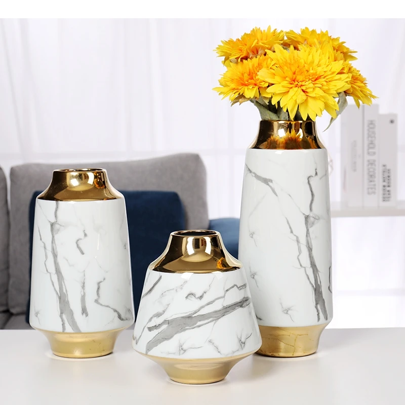 Imitation Marble Ceramic Vases Desk Decor Golden Porcelain Flower Insert Artificial Flowers Tabletop Vase Home Decoration Modern