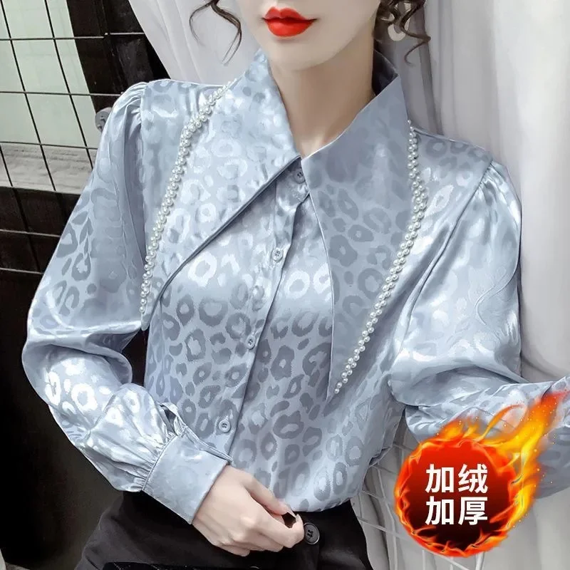 

Spring Autumn Female Lapel Jacquard Casual Shirt Coat Ladies Fashion Long Sleeves Shirts Women Bubble Sleeve Thicken Blouse Top