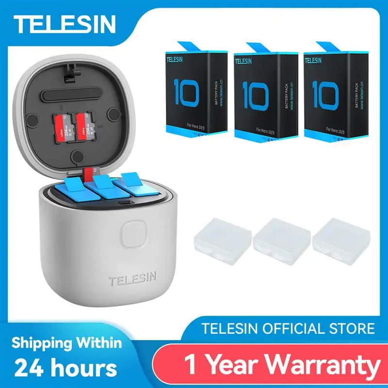 

TELESIN 1750mAh Battery For GoPro 9 10 3 Slots Battery Charger TF Card Reader Storage Box for GoPro Hero 9 10 Accessories