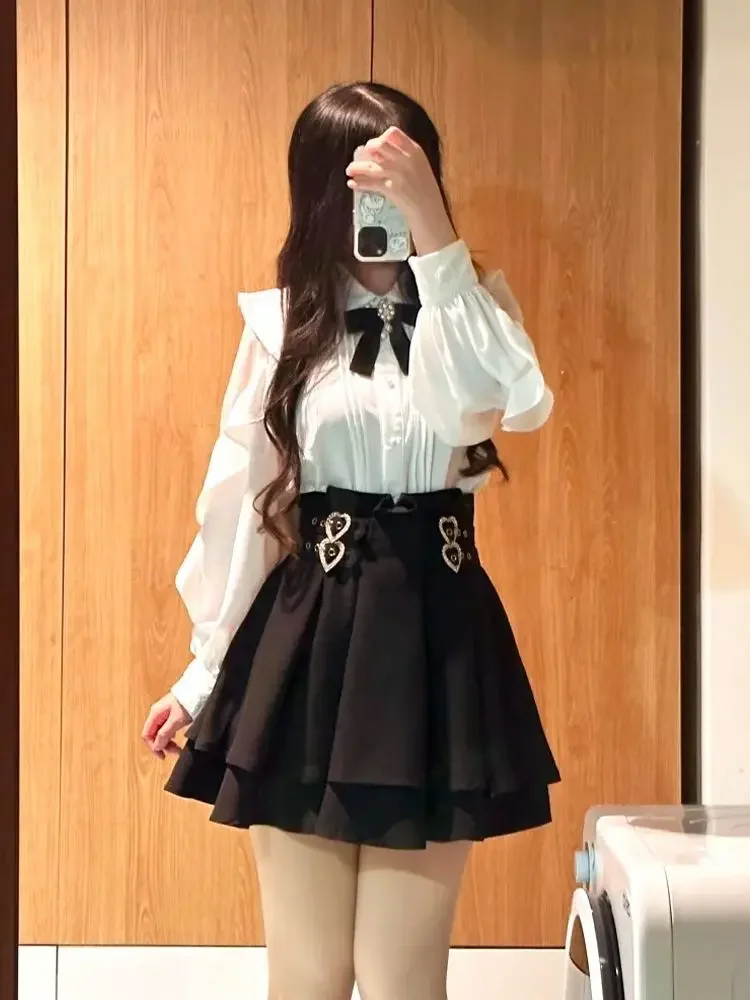 SOIOMES Japanese Sweet Style Summer Lace Shirt A-line Short Skirt Set for Women