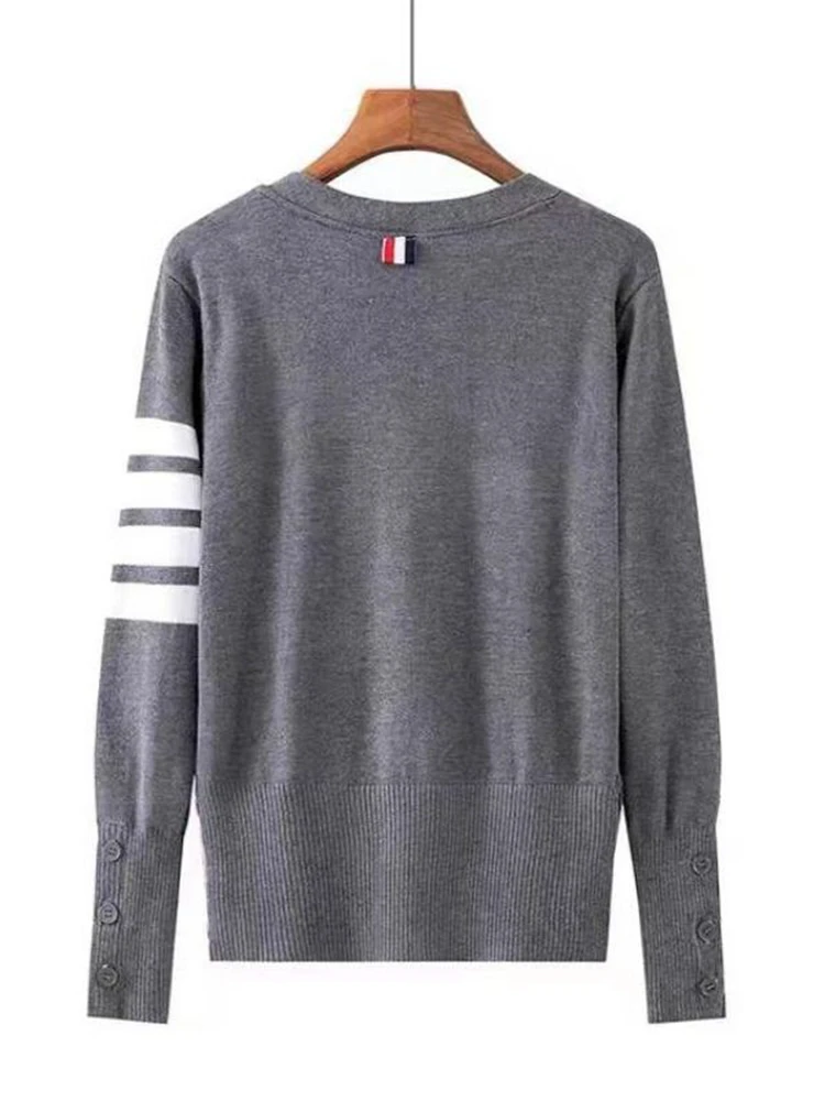 gkfnmt Cardigan Sweater Jacket V-neck Single Breasted Cardigans Striped Argyle Knitted Tops Autumn Black White Gray