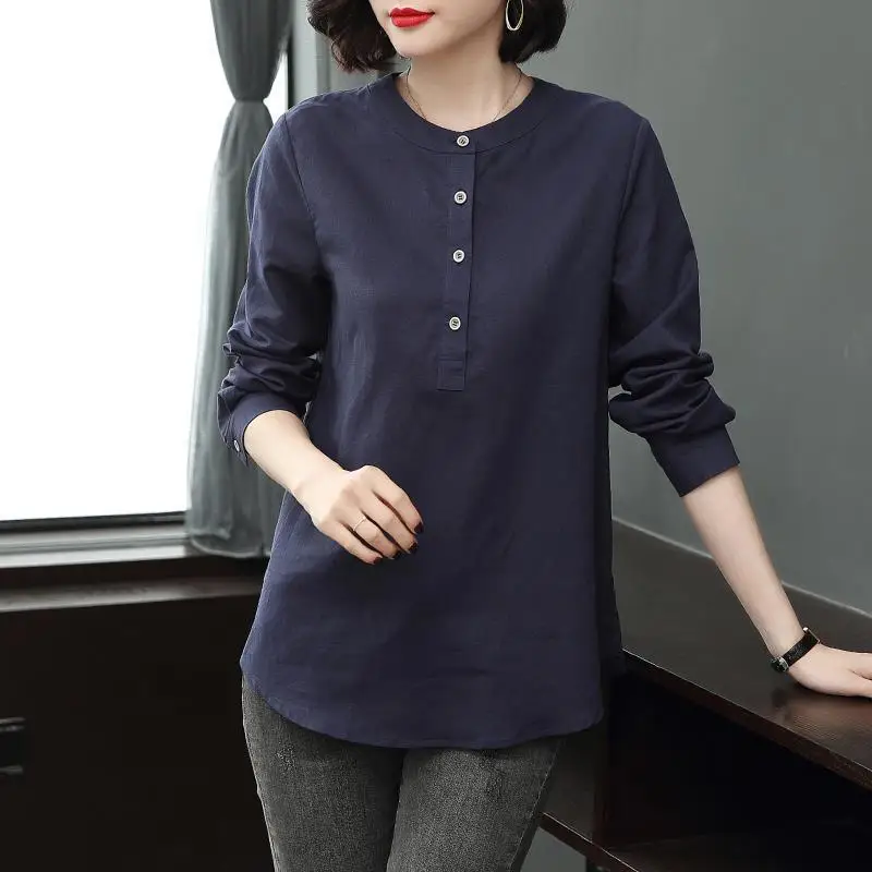 Cotton and Linen Shirt Women\'s Long Sleeved Loose Fit 2024 New Spring Outfit Stand Up Collar Fashionable Casual Linen Tops