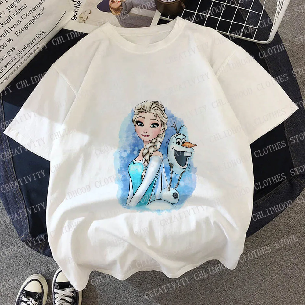 Camiseta de Frozen Elsa para niño y niña, camisa de dibujos animados de princesa Disney, Tops Kawaii, ropa informal, manga corta