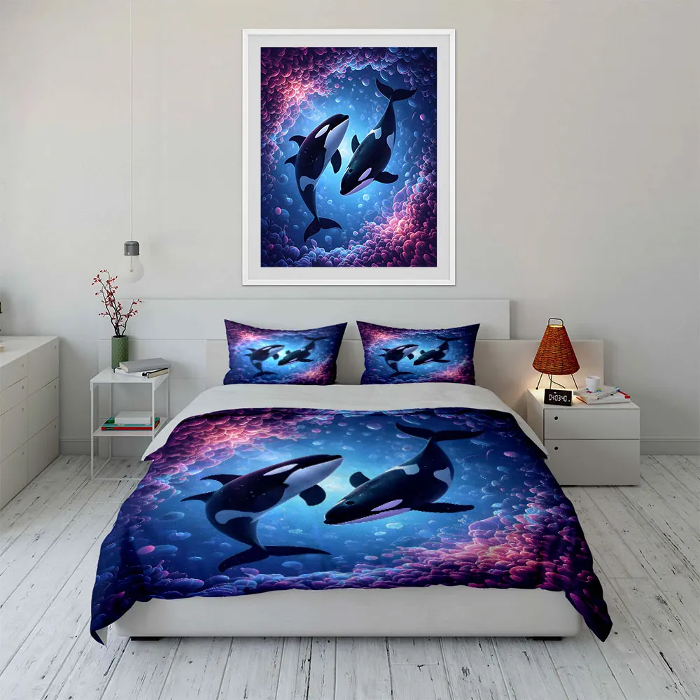 Two Orcas in Enchanted Water Duvet Cover Set with 3D Printing Design Soft Polyester Bedding Set All-Season Comfort for gifts
