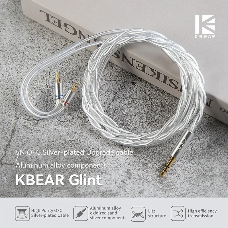 KBEAR Glint High Purity OFC Silver-plated Cable Litz structure Single strand with 54 cores 5N OFC Silver-plated Upgrade cable