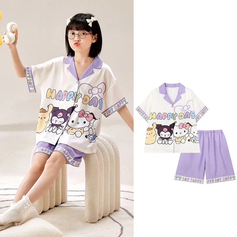 

Новая летняя детская домашняя одежда Sanrio с короткими рукавами, милый пижамный комплект из тонкого ледяного шелка с рисунком «Hello Kitty My Melody Kuromi»