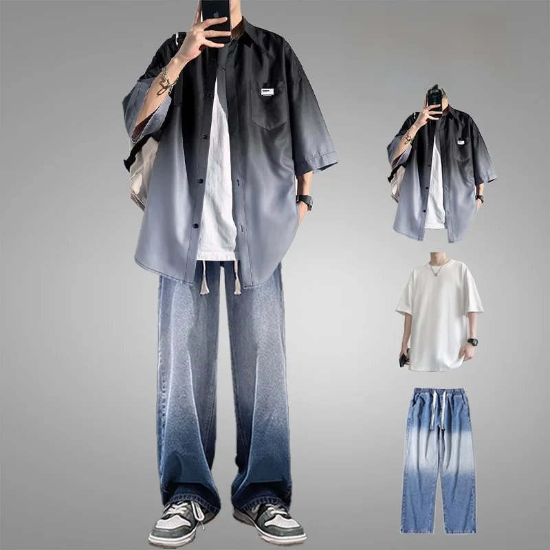 Casual Ice Silk Short Sleeve Shirt And Jeans Men's Summer Fashion Set Cool And Handsome Youth Leisure Sports Suit Ensemble