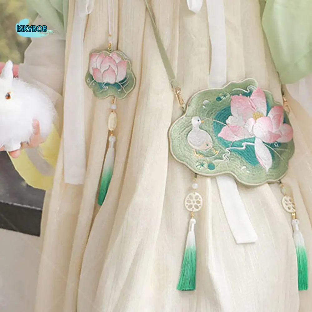 

Sweet Embroidery Lotus Shoulder Bag Antique Style Hanfu Accessories Chinese Hanfu Bag Elegant Sachet Pendant Tassels Phone Pouch