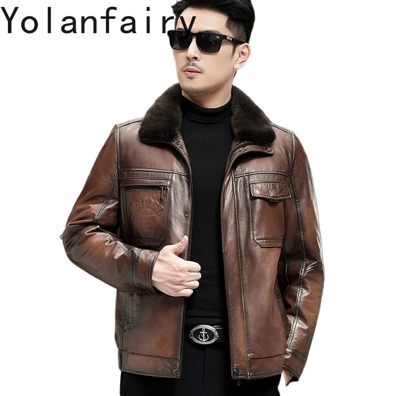 

YOLANFAIRY Genuine Leather Cowskin Jackets for Men Winter Short Down Jacket Casual Coats Detachable Mink Collar Casaco Masculino