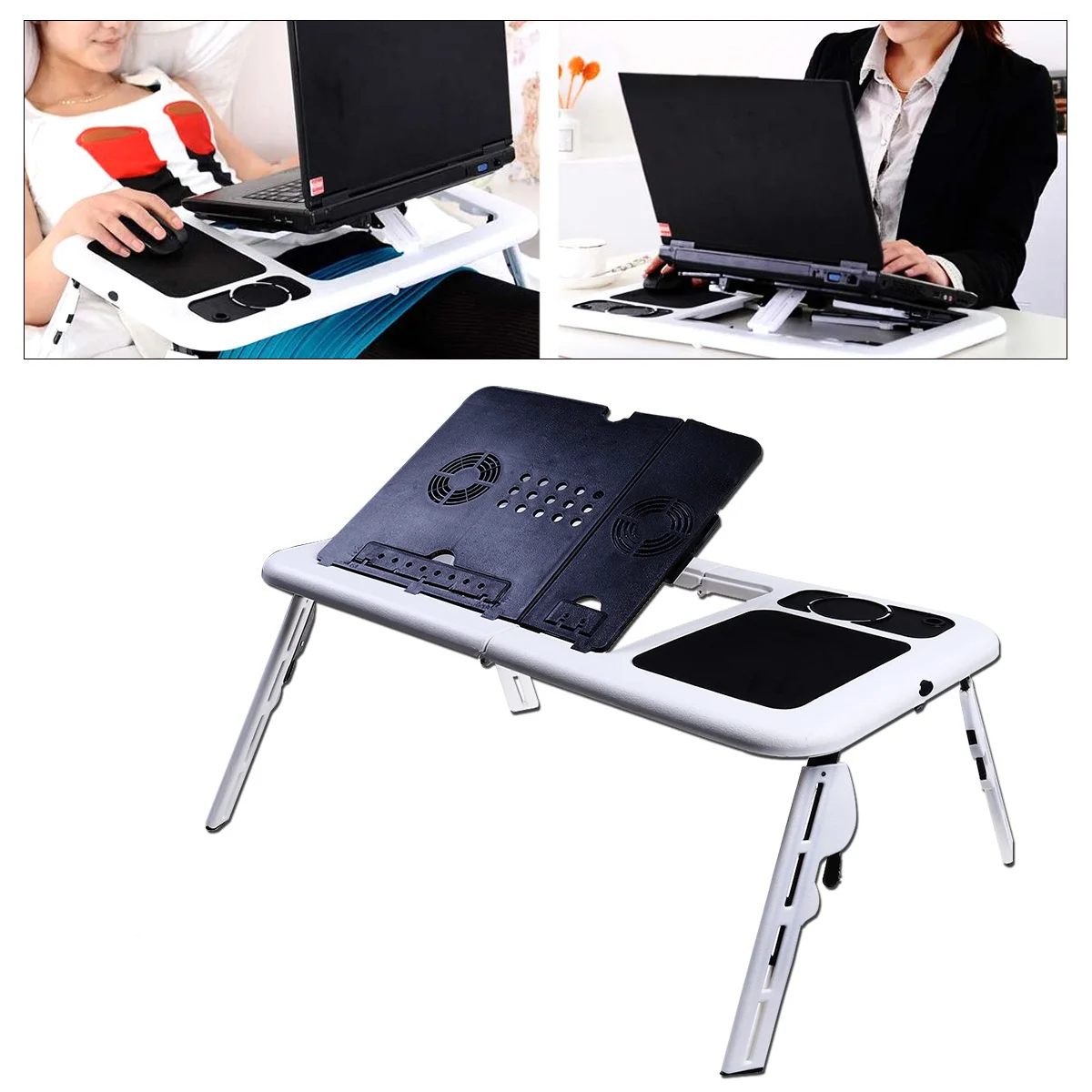 طوي طاولة كمبيوتر محمول صينية مكتب أسود أبيض قابل للتعديل ارتفاع زاوية مروحة التبريد عدم الانزلاق الساقين الماوس منصة مراوح مزدوجة برودة
