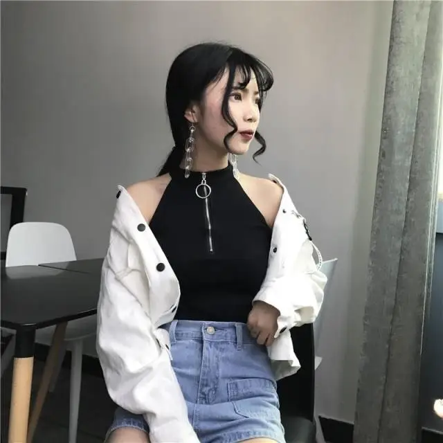 Summer New Korean Style Shoulder Bared Outdoor Wear Navel Bared Strapless Sleeveless Neck Hanging Base Tank Top Vest for Stud...