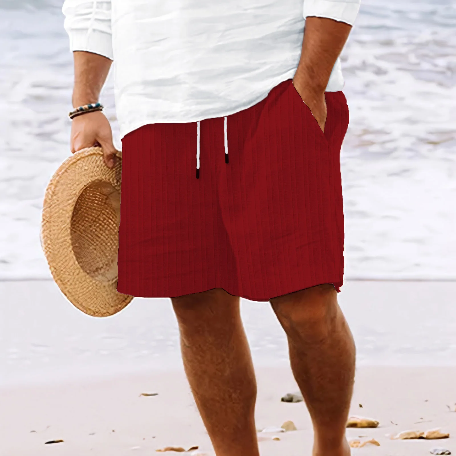 Calça de surf com secagem rápida masculina, shorts de algodão e cânhamo, corda com vários sacos, pode ser embalada, shorts soltos, férias de verão, novidade