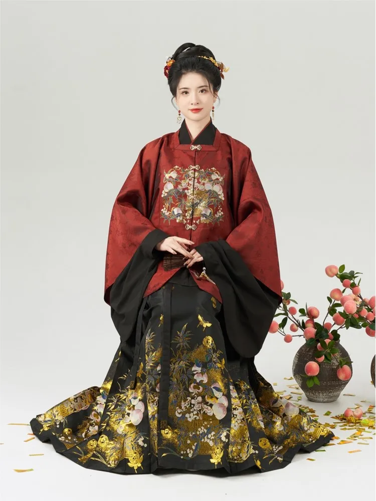 A woman in Hanfu square-collar half-sleeved cross-collar top with makeup floral woven gold skirt