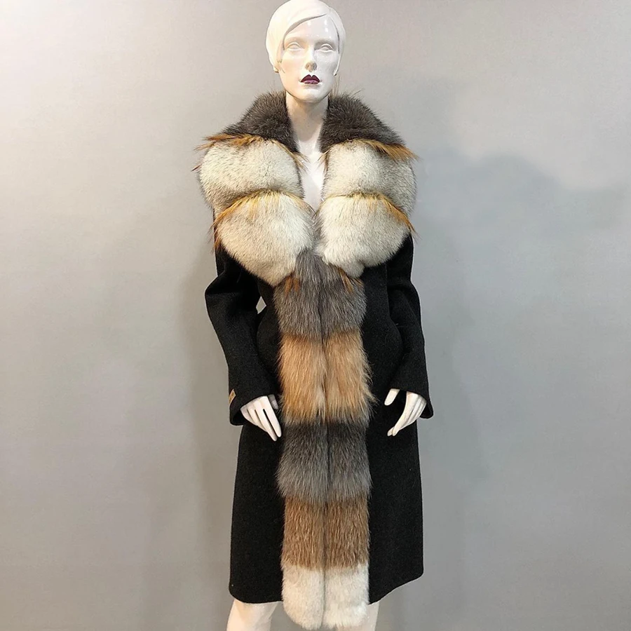 Cashmere Wool Coat With Natural Fox Fur Winter Genuine Fur Jacket For Women Luxury Long Wool Blend Coat