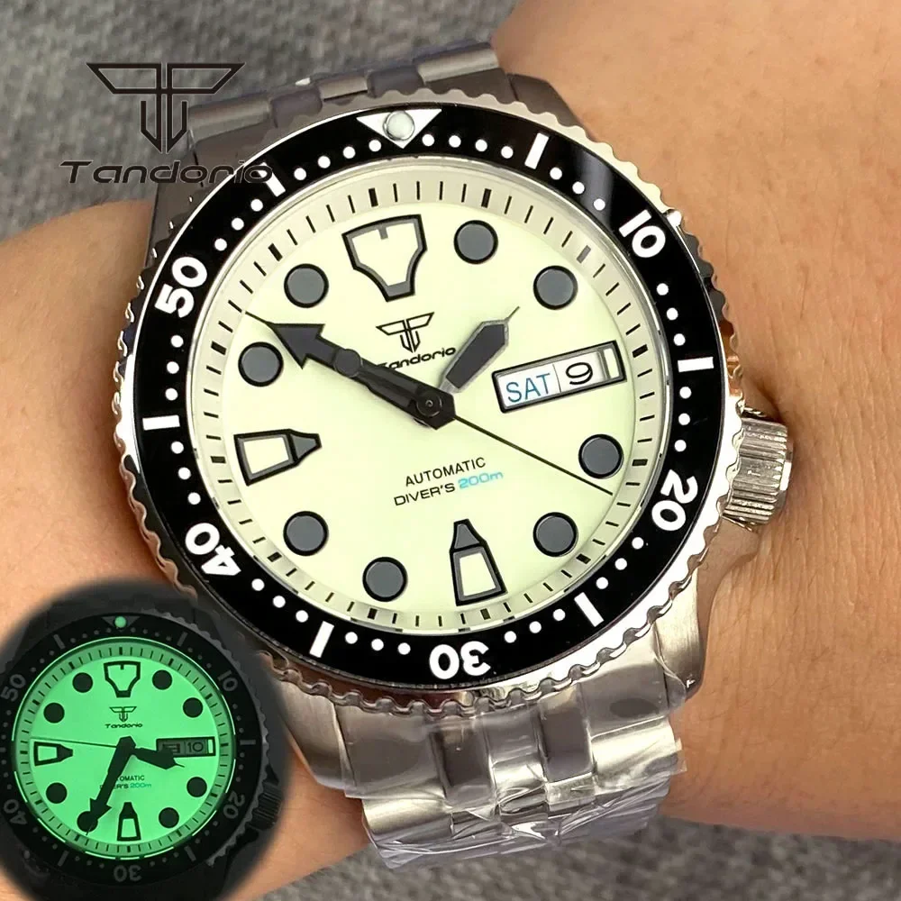 Tandorio NH36 Creamy Full Luminous Dial 20bar 41mm Dive Men Automatic Watch Week Date 3.8 Crown Sapphire Crystal 120-Click Bezel