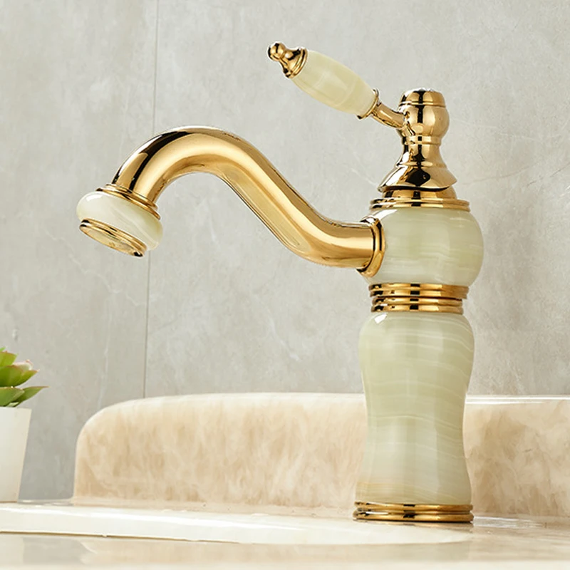 

Luxury Brass and Jade Bathroom Faucet - Gold Sink Mixer Tap for Basin, Anti-Leak Ceramic Cartridge, Easy Install, Shiny Finish